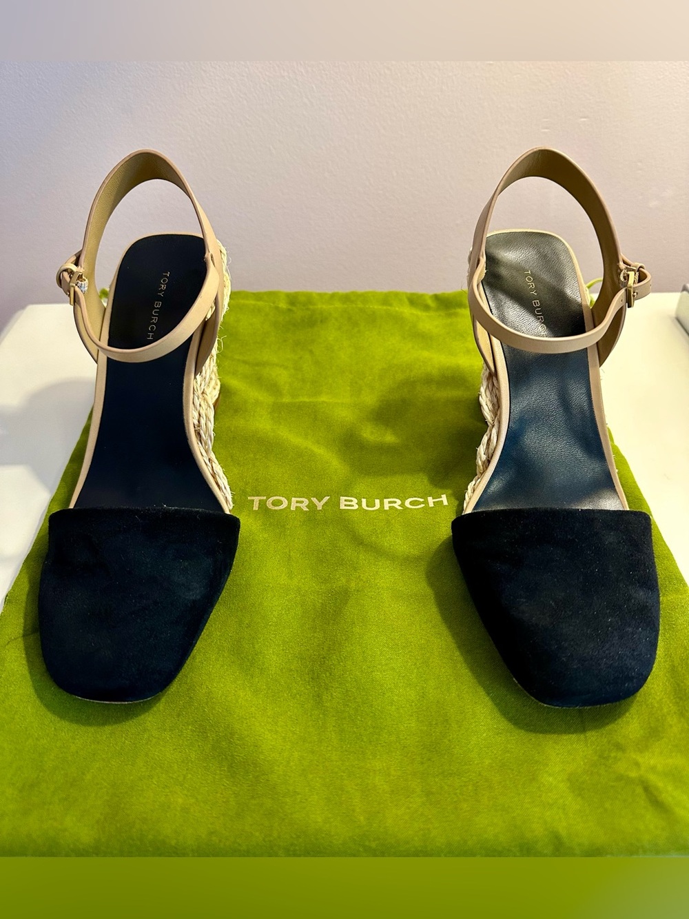 Tory Burch Black and Beige Espadrille Slingback Sandals